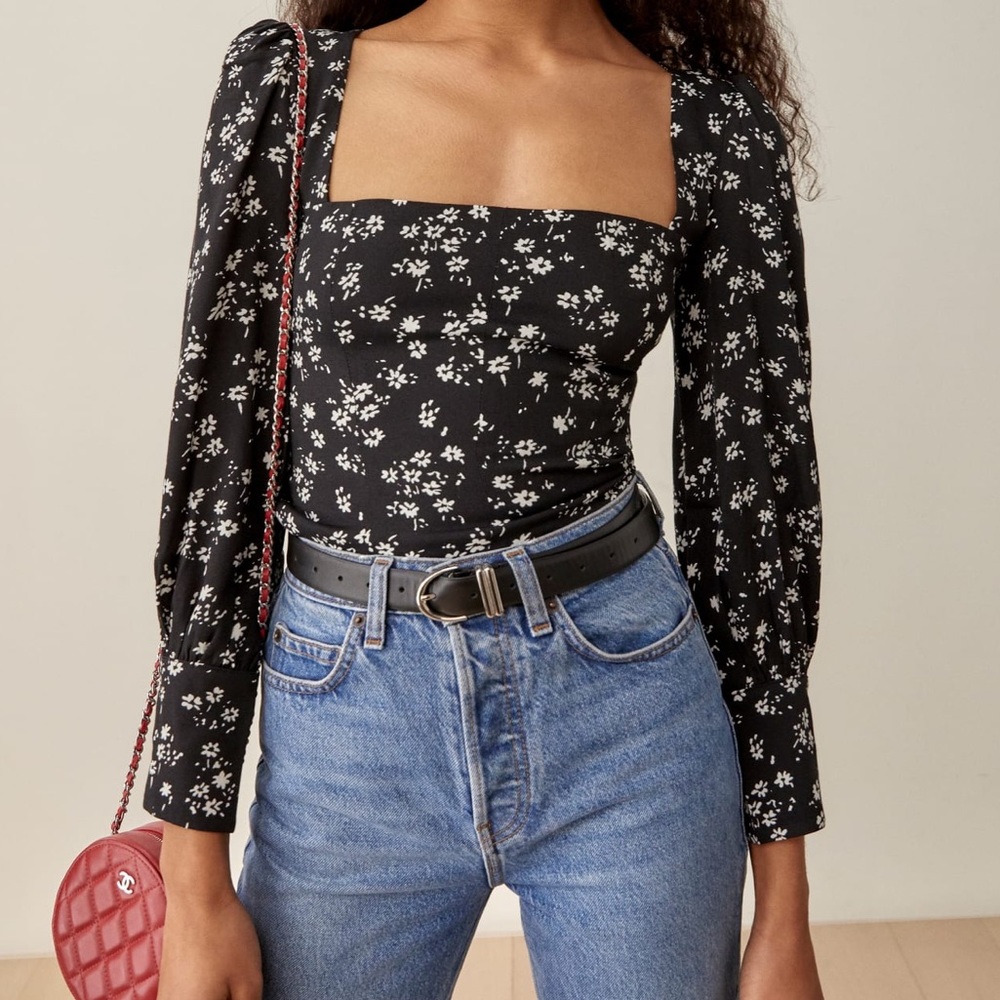 Reformation Black Calla Floral Blouse